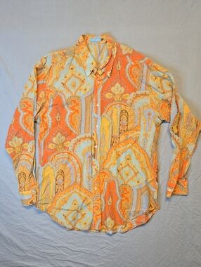 J. McLaughlin Orange & Yellow Paisley Button Down Silk Blend Casual Dress Shirt